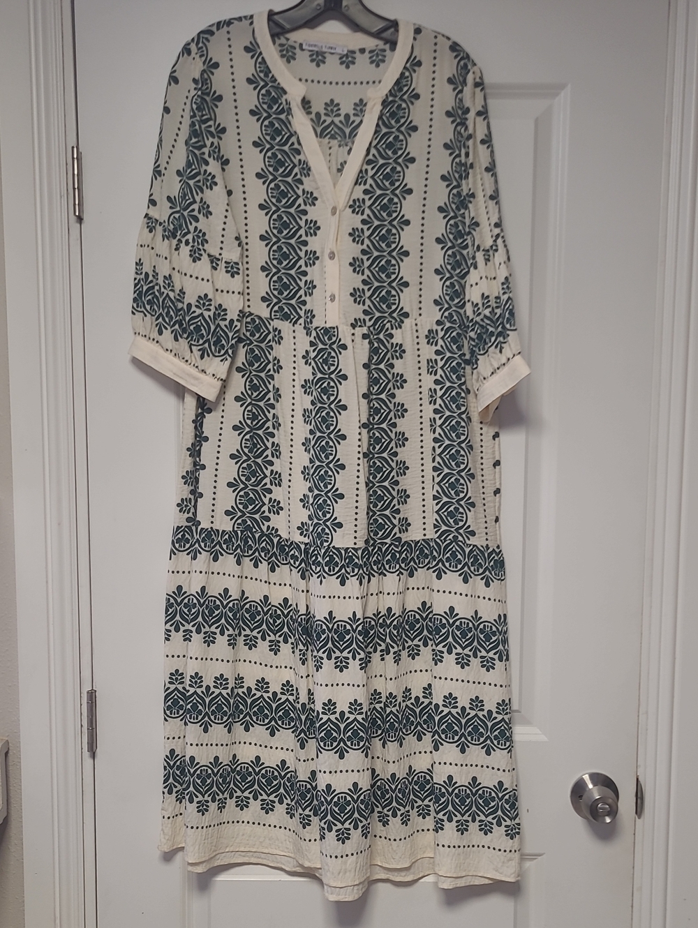Cream Midi Dress with Teal Folk Print — Relaxed Boho Style